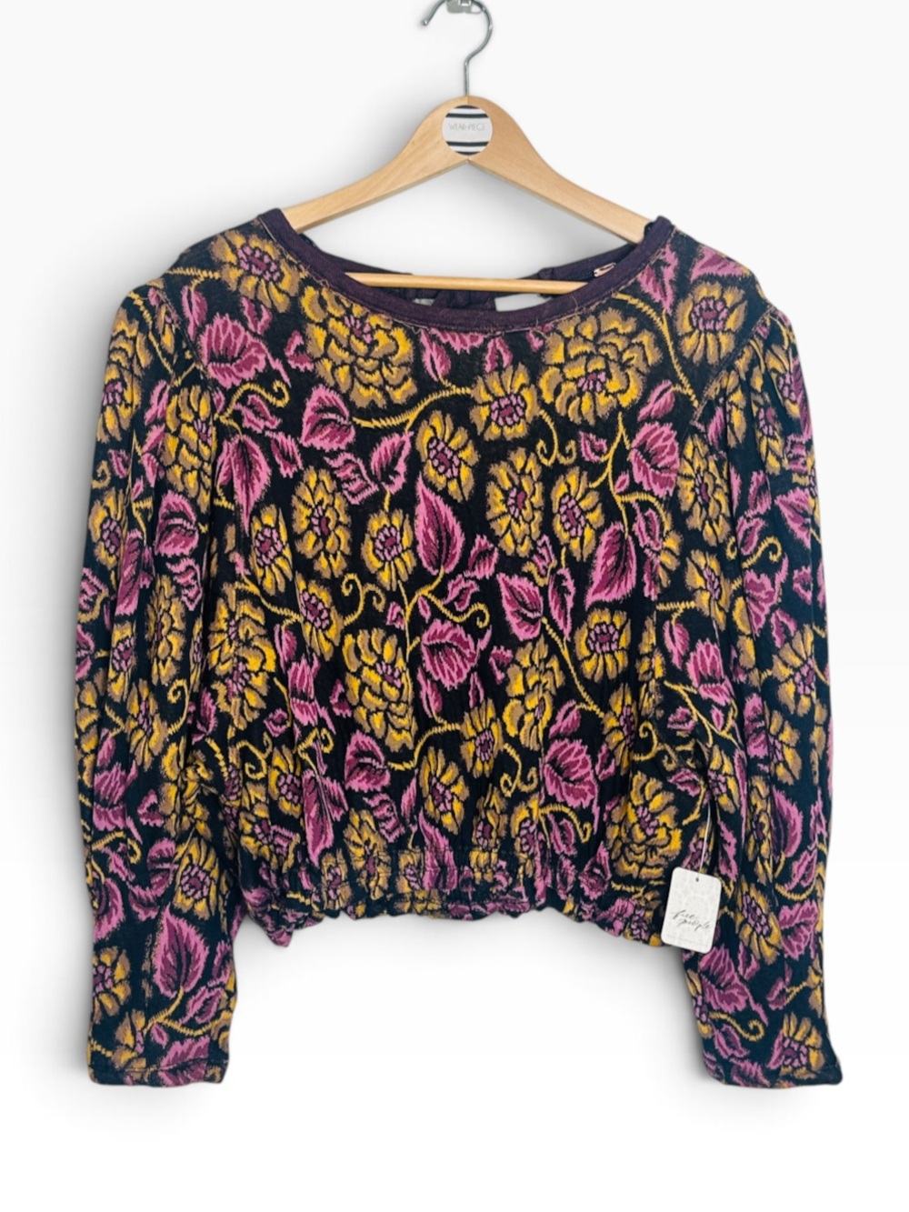 Free People Purple No Ordinary Top Floral Jacquard Cropped Cut Out Back Sweater - Picture 2 of 10